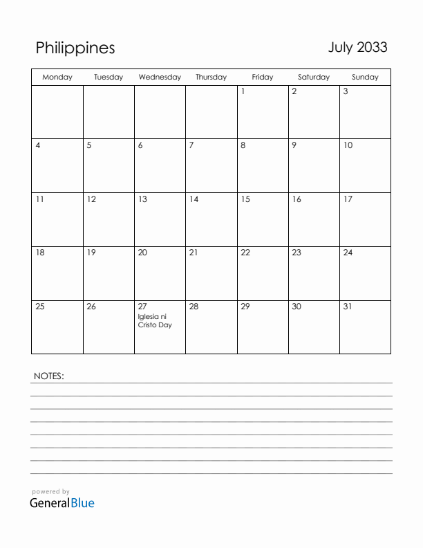 July 2033 Philippines Calendar with Holidays (Monday Start)