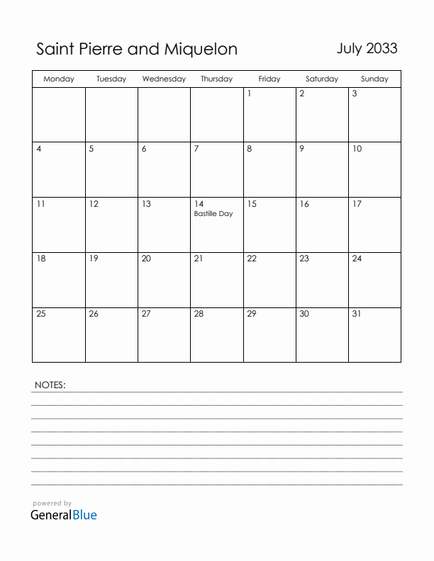 July 2033 Saint Pierre and Miquelon Calendar with Holidays (Monday Start)