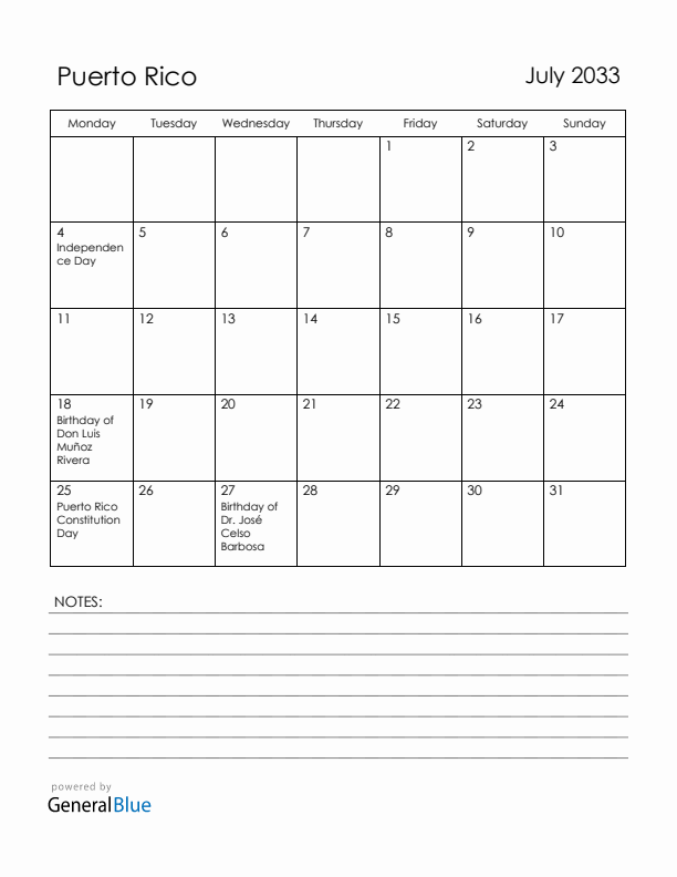 July 2033 Puerto Rico Calendar with Holidays (Monday Start)