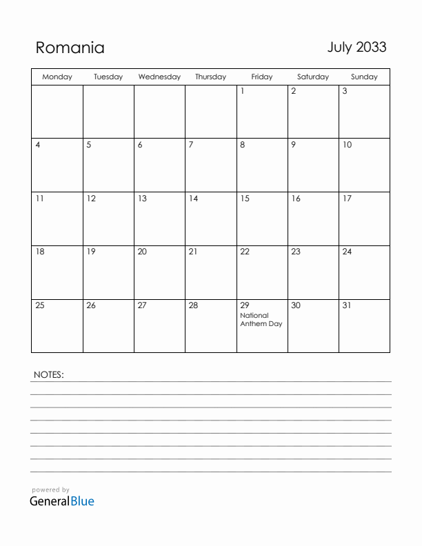 July 2033 Romania Calendar with Holidays (Monday Start)