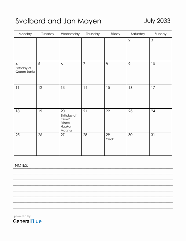 July 2033 Svalbard and Jan Mayen Calendar with Holidays (Monday Start)