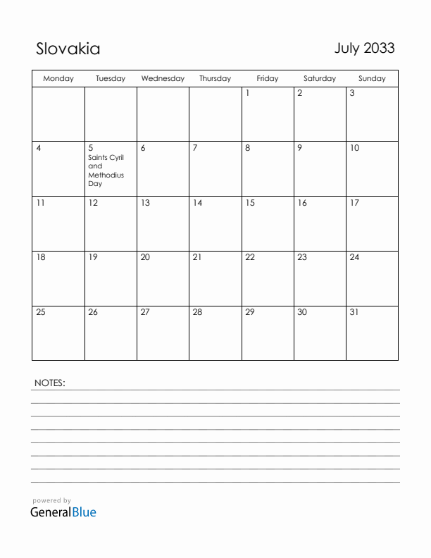 July 2033 Slovakia Calendar with Holidays (Monday Start)
