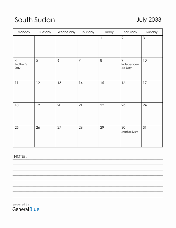 July 2033 South Sudan Calendar with Holidays (Monday Start)