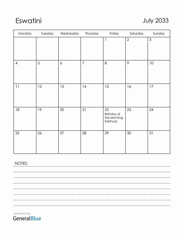 July 2033 Eswatini Calendar with Holidays (Monday Start)