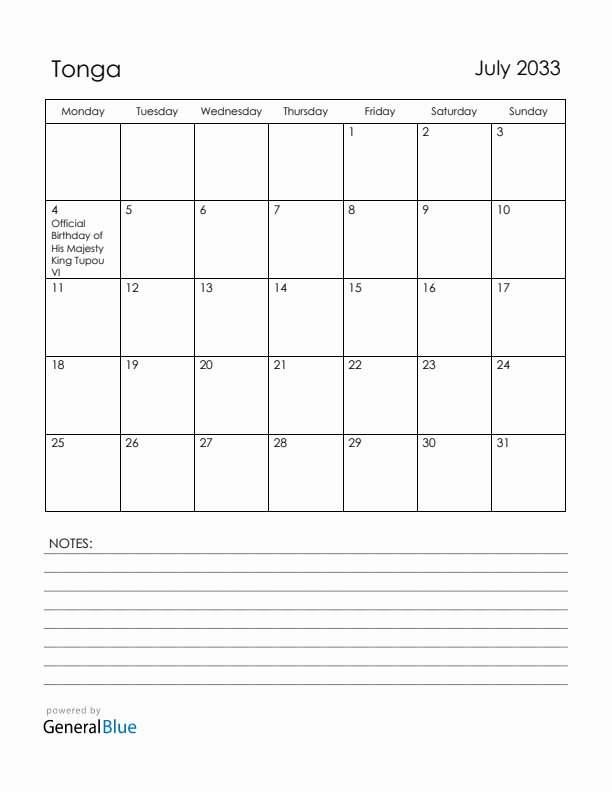 July 2033 Tonga Calendar with Holidays (Monday Start)