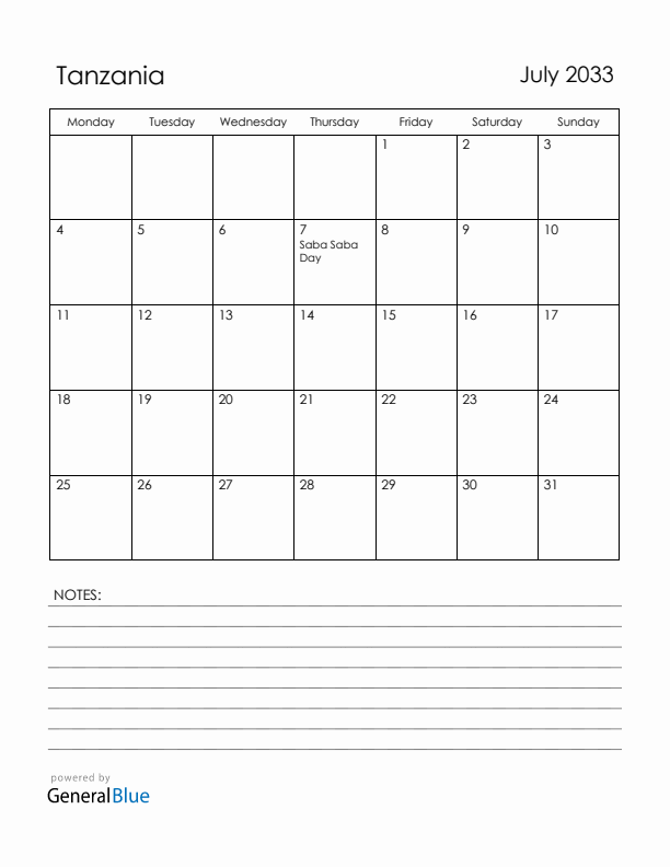 July 2033 Tanzania Calendar with Holidays (Monday Start)