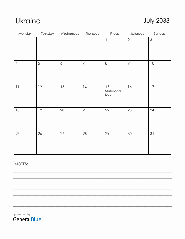 July 2033 Ukraine Calendar with Holidays (Monday Start)
