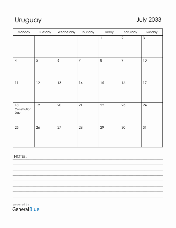 July 2033 Uruguay Calendar with Holidays (Monday Start)