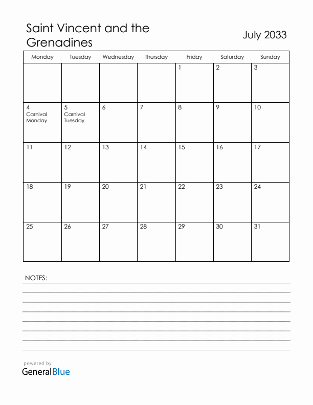 July 2033 Saint Vincent and the Grenadines Calendar with Holidays (Monday Start)