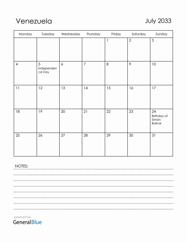July 2033 Venezuela Calendar with Holidays (Monday Start)