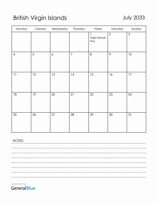 July 2033 British Virgin Islands Calendar with Holidays (Monday Start)