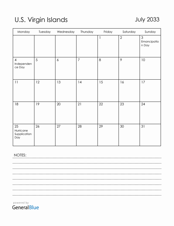 July 2033 U.S. Virgin Islands Calendar with Holidays (Monday Start)