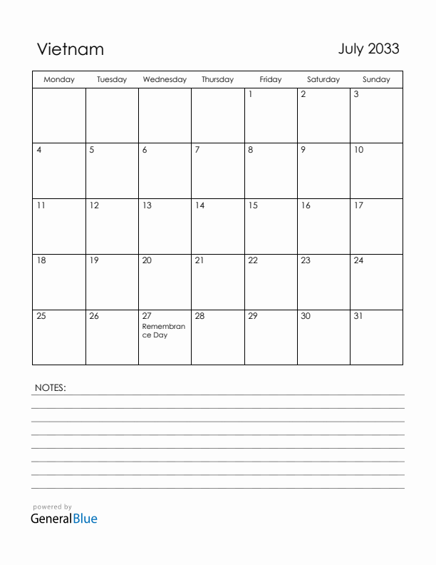 July 2033 Vietnam Calendar with Holidays (Monday Start)