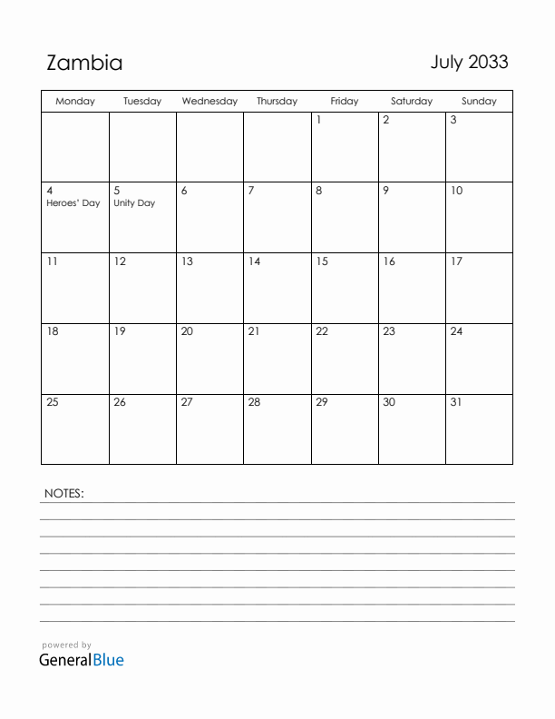 July 2033 Zambia Calendar with Holidays (Monday Start)