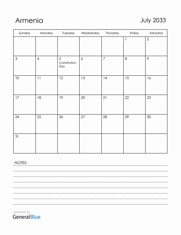 July 2033 Armenia Calendar with Holidays (Sunday Start)