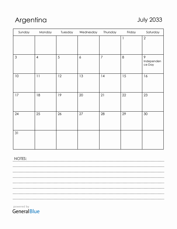July 2033 Argentina Calendar with Holidays (Sunday Start)