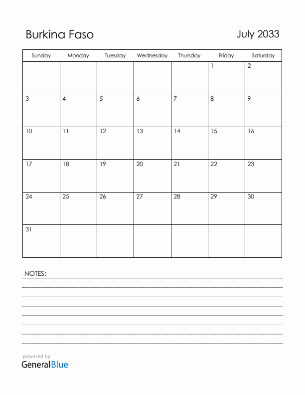 July 2033 Burkina Faso Calendar with Holidays (Sunday Start)