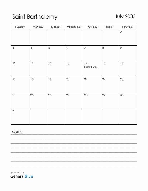 July 2033 Saint Barthelemy Calendar with Holidays (Sunday Start)