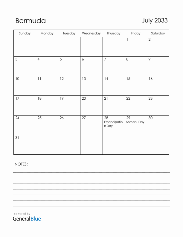 July 2033 Bermuda Calendar with Holidays (Sunday Start)
