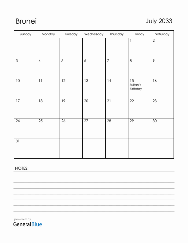 July 2033 Brunei Calendar with Holidays (Sunday Start)