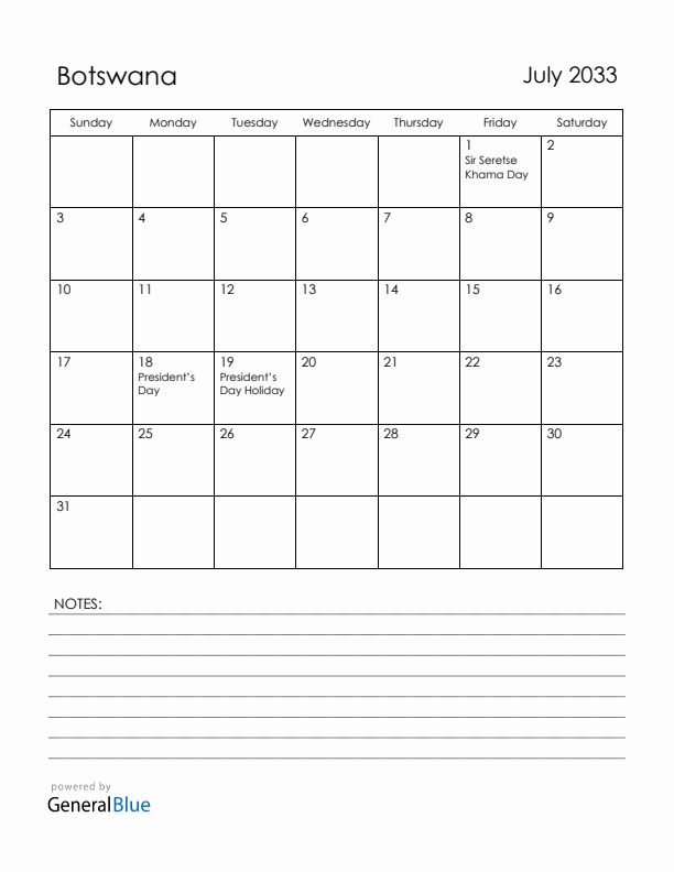 July 2033 Botswana Calendar with Holidays (Sunday Start)