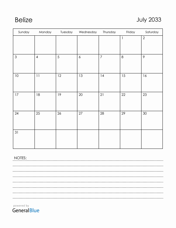 July 2033 Belize Calendar with Holidays (Sunday Start)