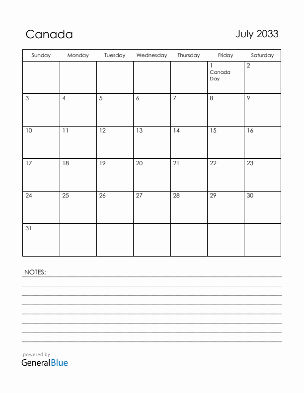 July 2033 Canada Calendar with Holidays (Sunday Start)