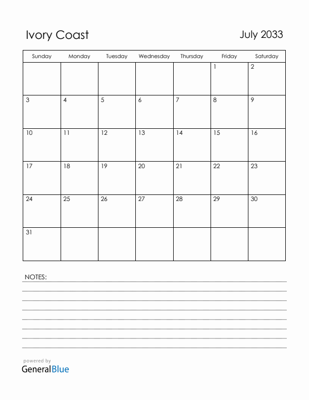 July 2033 Ivory Coast Calendar with Holidays (Sunday Start)
