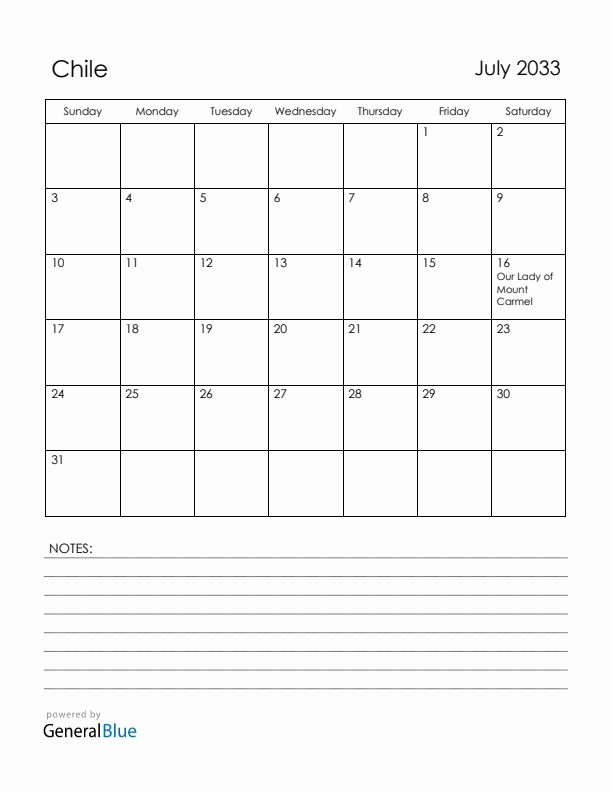 July 2033 Chile Calendar with Holidays (Sunday Start)