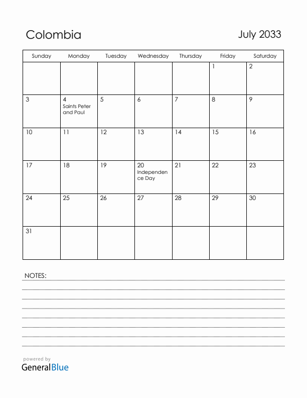 July 2033 Colombia Calendar with Holidays (Sunday Start)