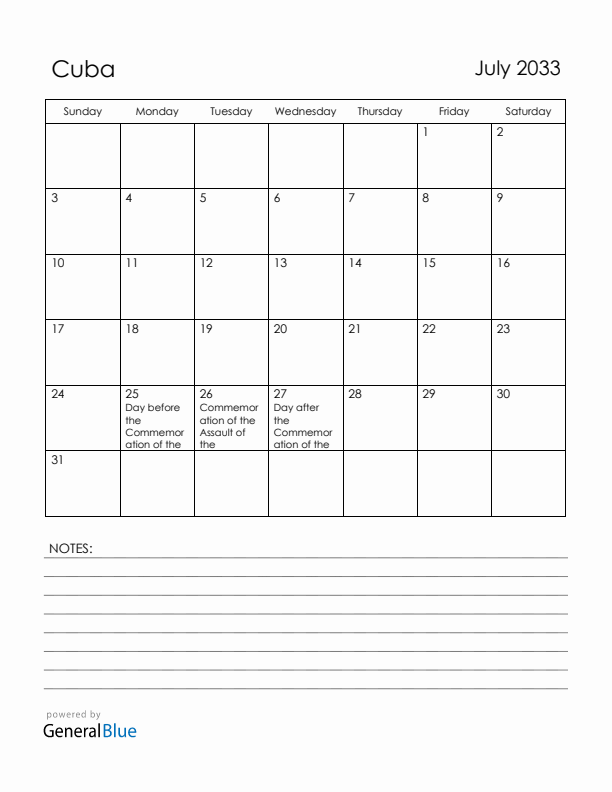 July 2033 Cuba Calendar with Holidays (Sunday Start)