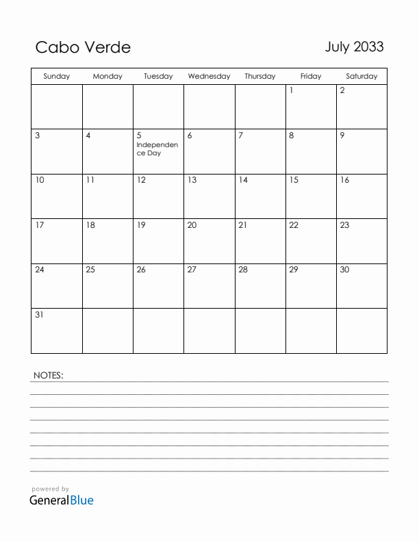 July 2033 Cabo Verde Calendar with Holidays (Sunday Start)