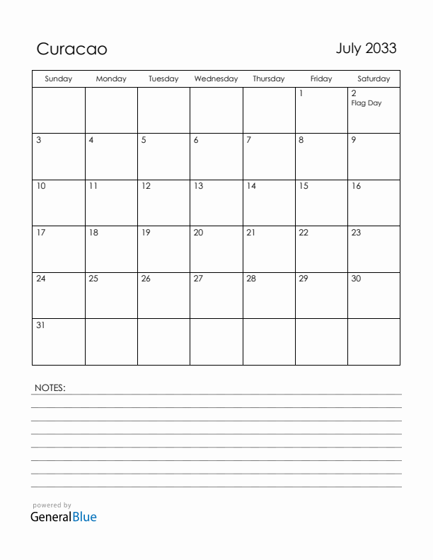 July 2033 Curacao Calendar with Holidays (Sunday Start)
