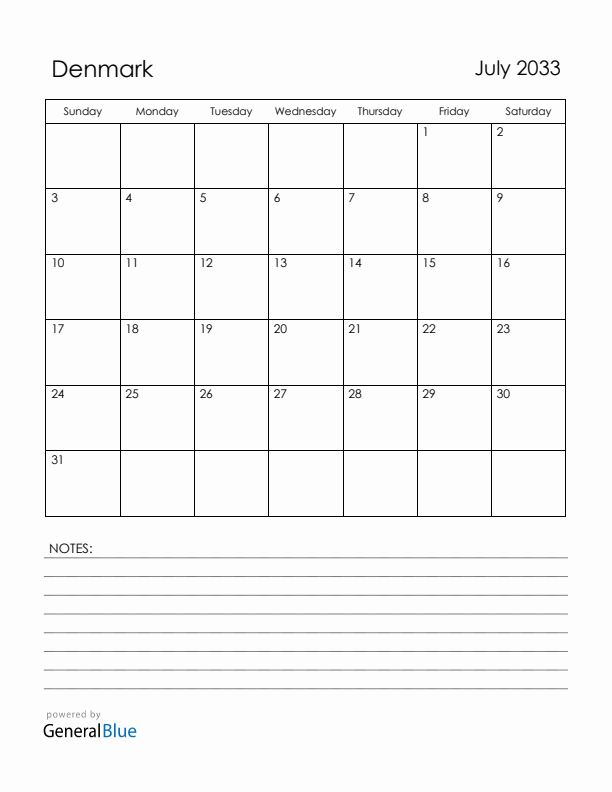 July 2033 Denmark Calendar with Holidays (Sunday Start)