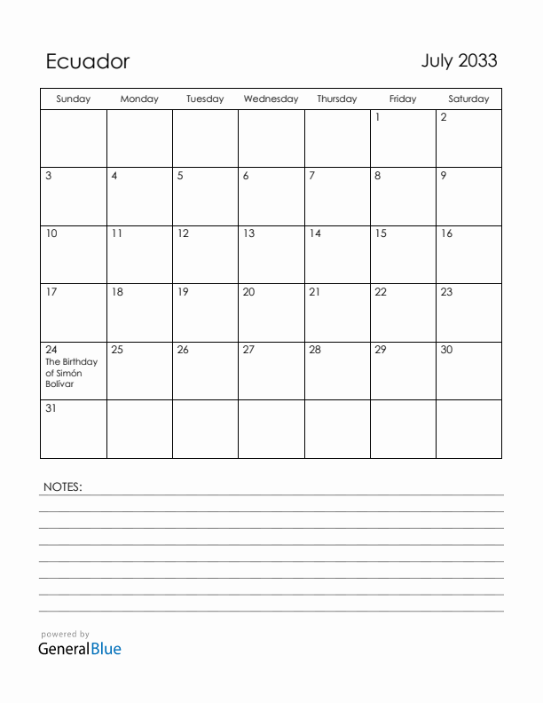 July 2033 Ecuador Calendar with Holidays (Sunday Start)