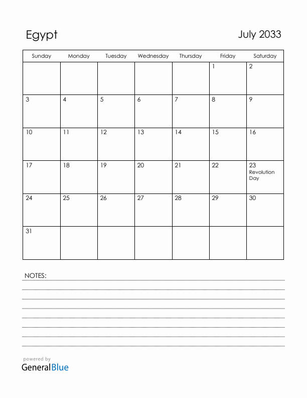 July 2033 Egypt Calendar with Holidays (Sunday Start)