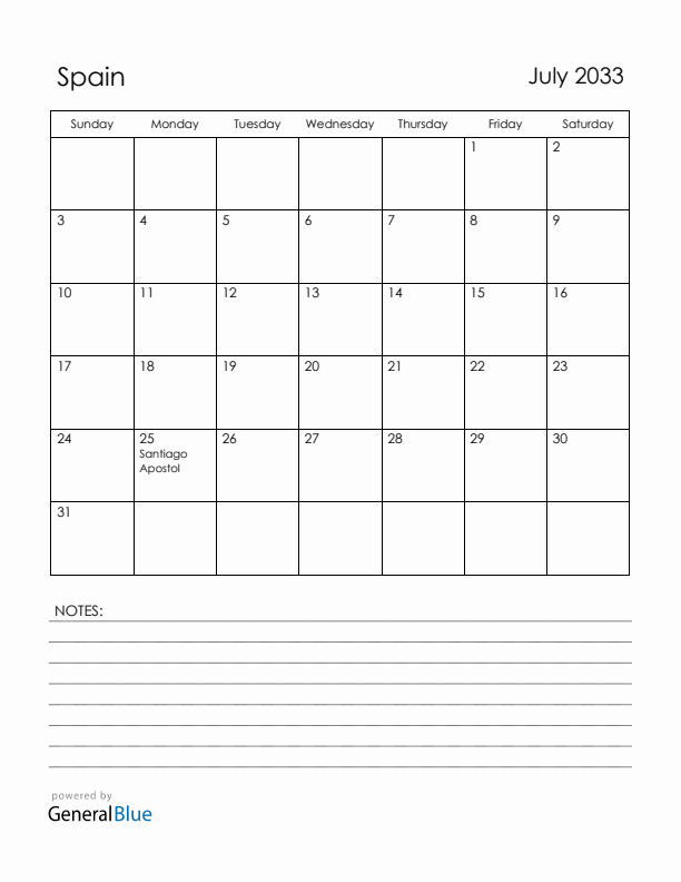 July 2033 Spain Calendar with Holidays (Sunday Start)