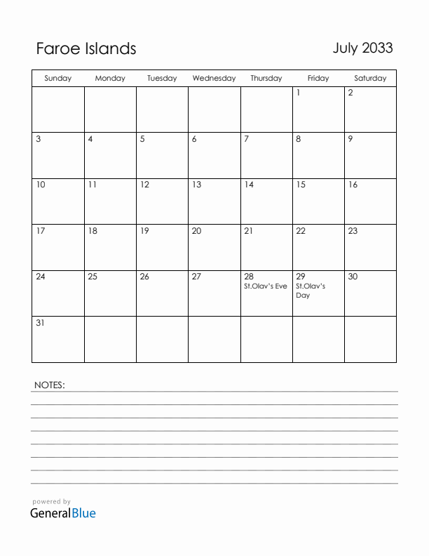 July 2033 Faroe Islands Calendar with Holidays (Sunday Start)