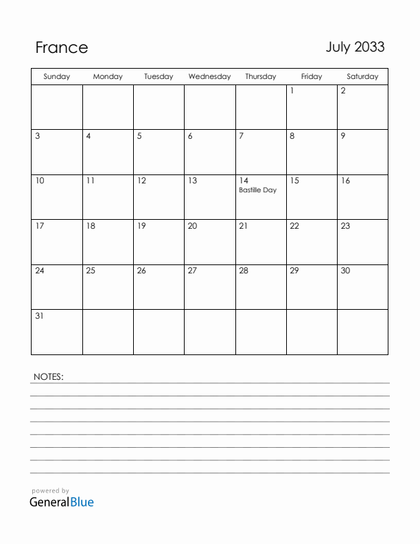 July 2033 France Calendar with Holidays (Sunday Start)