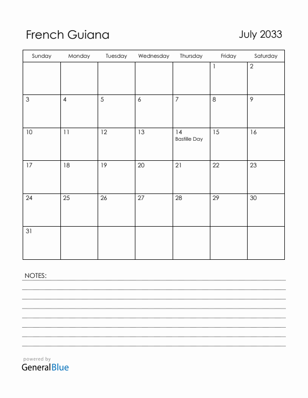 July 2033 French Guiana Calendar with Holidays (Sunday Start)