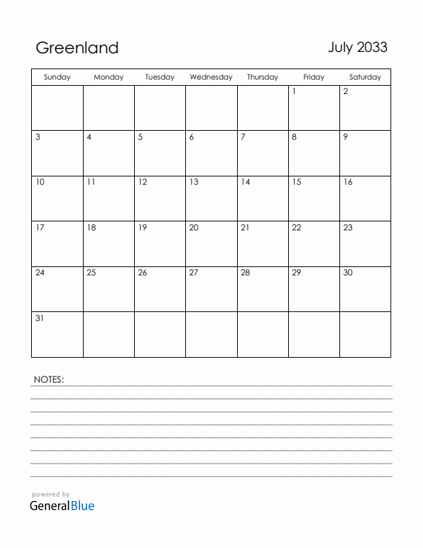July 2033 Greenland Calendar with Holidays (Sunday Start)