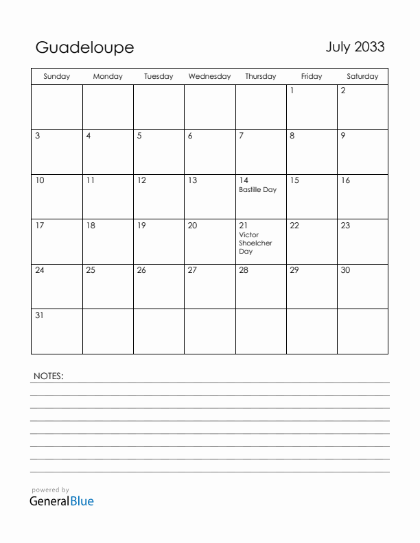 July 2033 Guadeloupe Calendar with Holidays (Sunday Start)