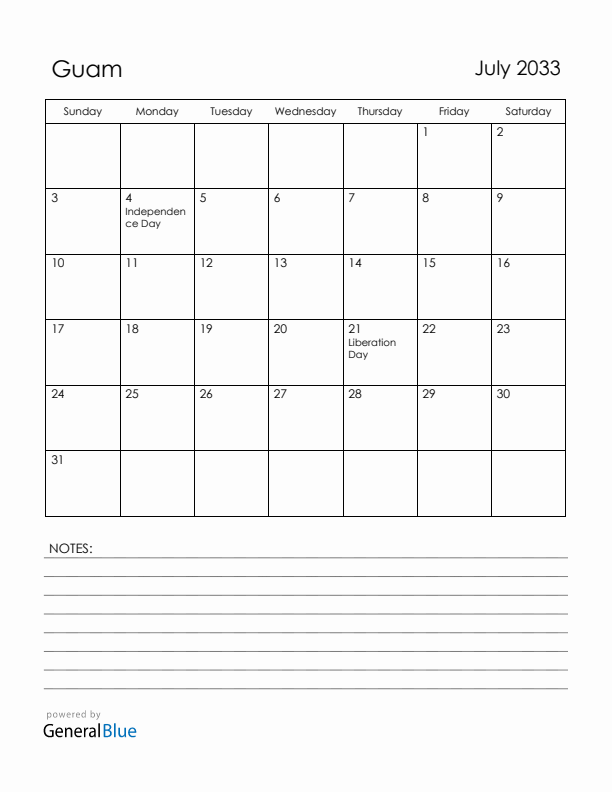 July 2033 Guam Calendar with Holidays (Sunday Start)