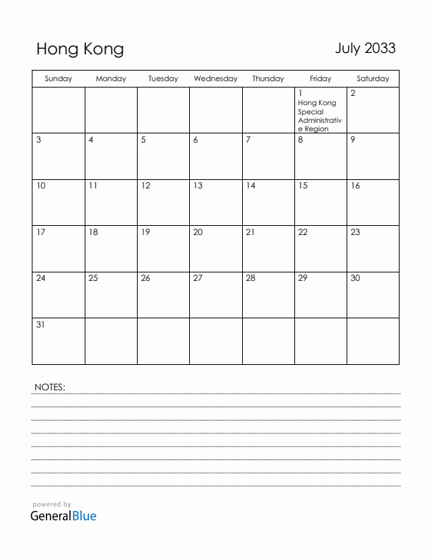 July 2033 Hong Kong Calendar with Holidays (Sunday Start)