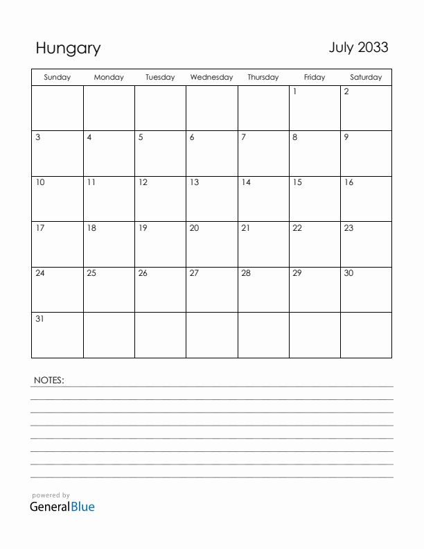 July 2033 Hungary Calendar with Holidays (Sunday Start)