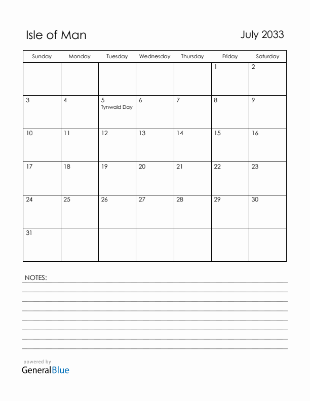 July 2033 Isle of Man Calendar with Holidays (Sunday Start)
