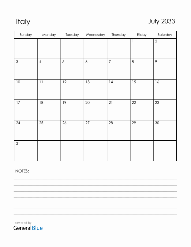 July 2033 Italy Calendar with Holidays (Sunday Start)