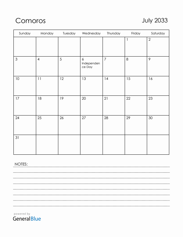 July 2033 Comoros Calendar with Holidays (Sunday Start)