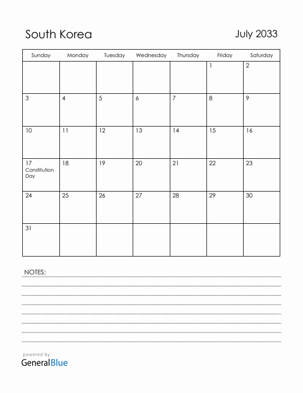 July 2033 South Korea Calendar with Holidays (Sunday Start)