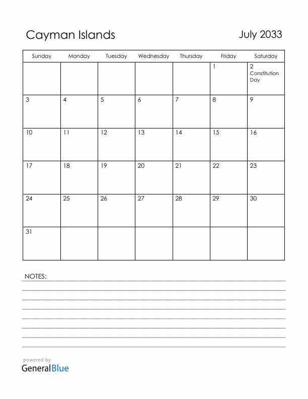 July 2033 Cayman Islands Calendar with Holidays (Sunday Start)